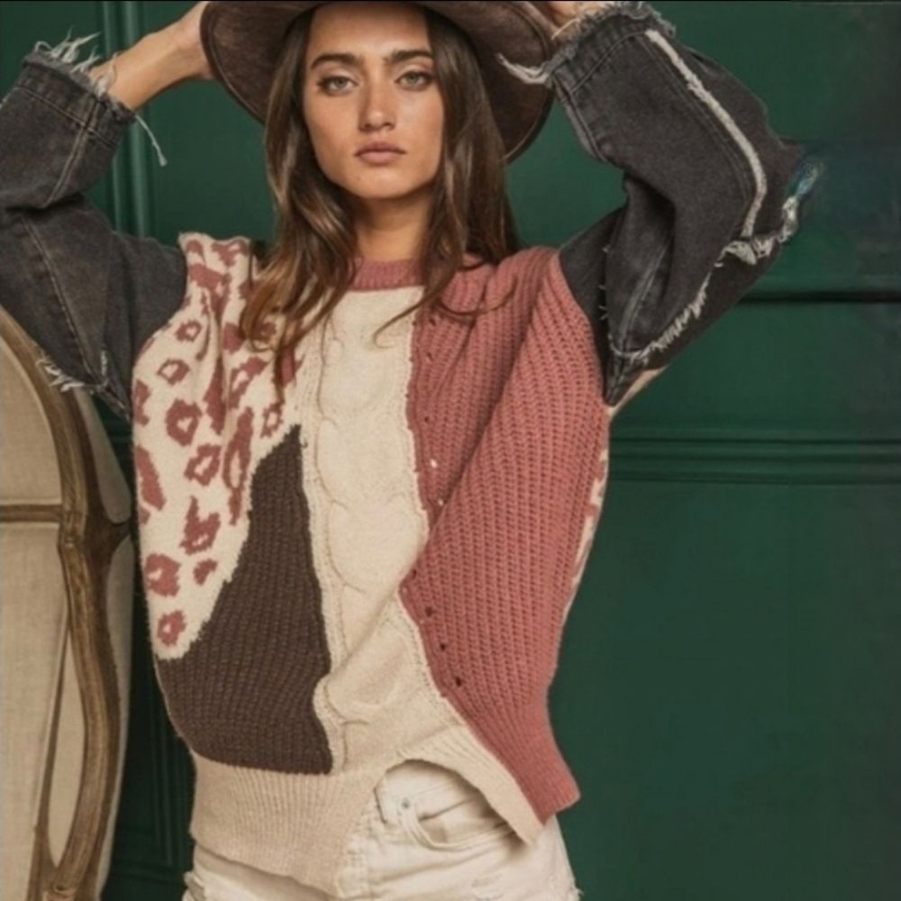 BiBi Denim Sleeve Leopard Sweater Rose Creme Black